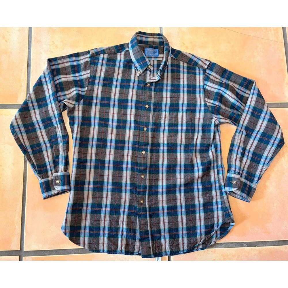 Pendleton Sir Pendleton Plaid Wool Button-Down Shirt Mens Large Blue Gray Teal